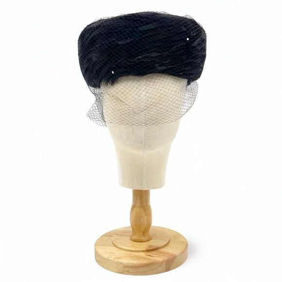 Vintage 1950s Coralie Feathered Pillbox Hat Black Velour with Veil & Rhinestones - Picture 6 of 15